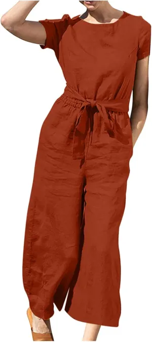 Plus Size Jumpsuits For Women Summer Baggy Plus Size Cotton Linen One Piece Outfits Wide Leg Pockets Pants Romper