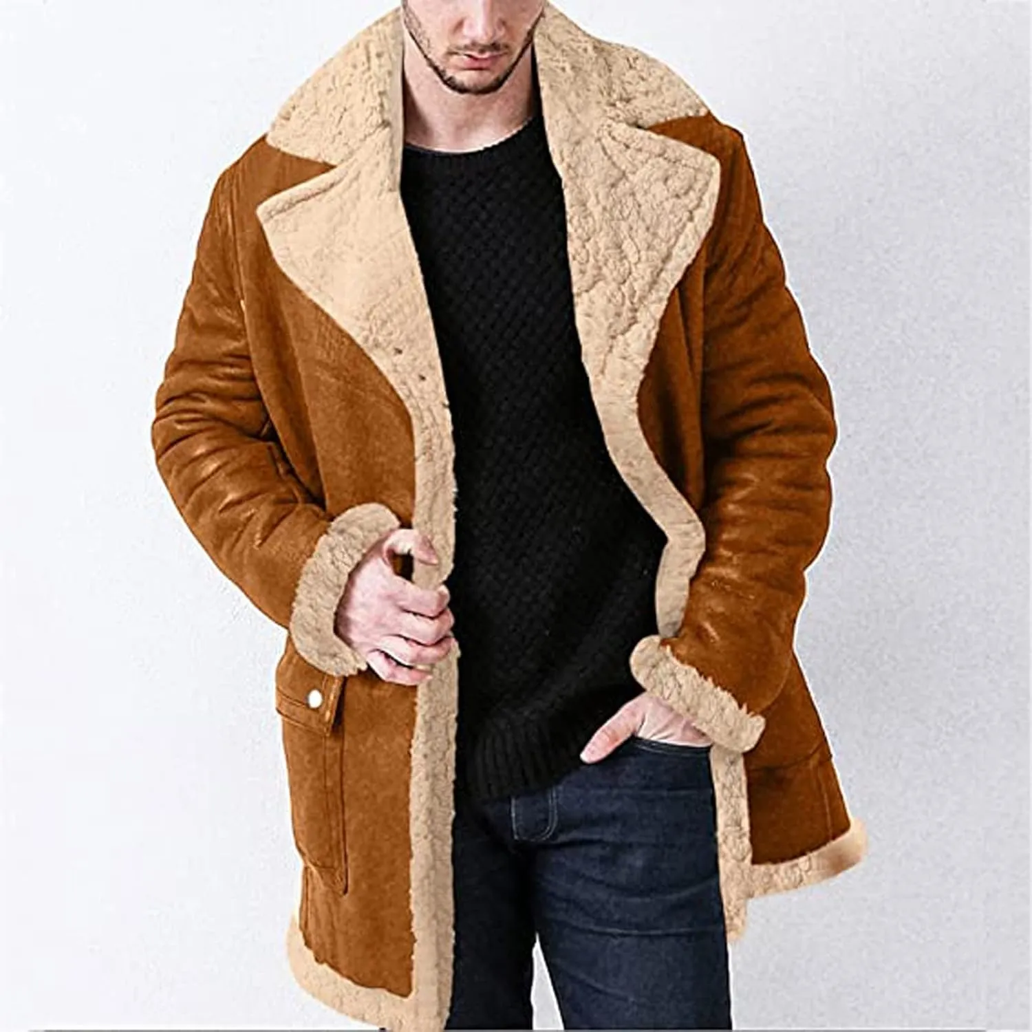 RTRDE Mens Faux Fur Shearling Coat Casual Winter Warm Jacket Windbreaker Overcoat Long Peacoat Jackets Fashion, L-5XL