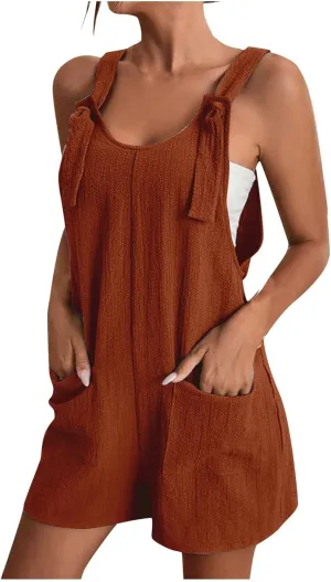 Short Rompers For Women Summer Sleeveless Jumpsuit Loose Spaghetti Strap Overalls with Pockets