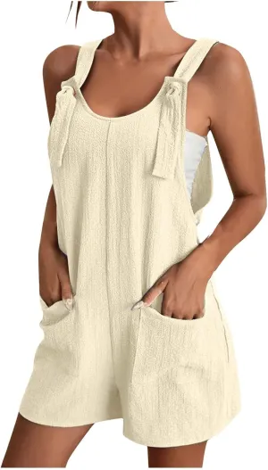 Short Rompers For Women Summer Sleeveless Jumpsuit Loose Spaghetti Strap Overalls with Pockets