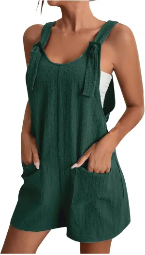 Short Rompers For Women Summer Sleeveless Jumpsuit Loose Spaghetti Strap Overalls with Pockets