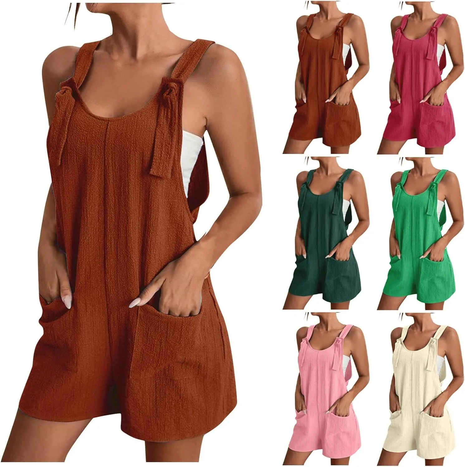 Short Rompers For Women Summer Sleeveless Jumpsuit Loose Spaghetti Strap Overalls with Pockets