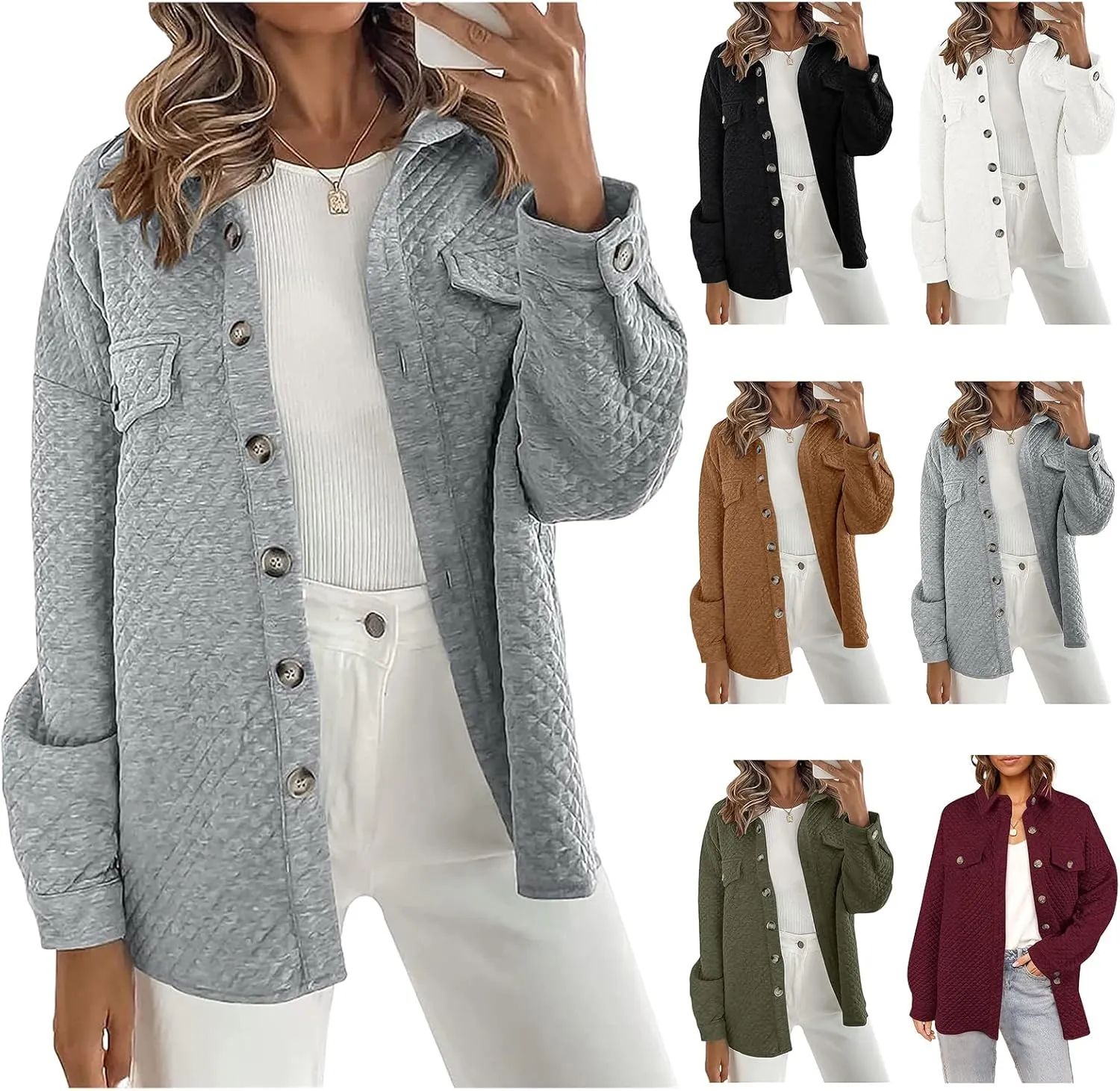 Smoneyful Womens Quilted Lightweight Jackets Casual Long Sleeve Shirts Button Down Loose Fit Coat Lapel Fall Jackets Outwear