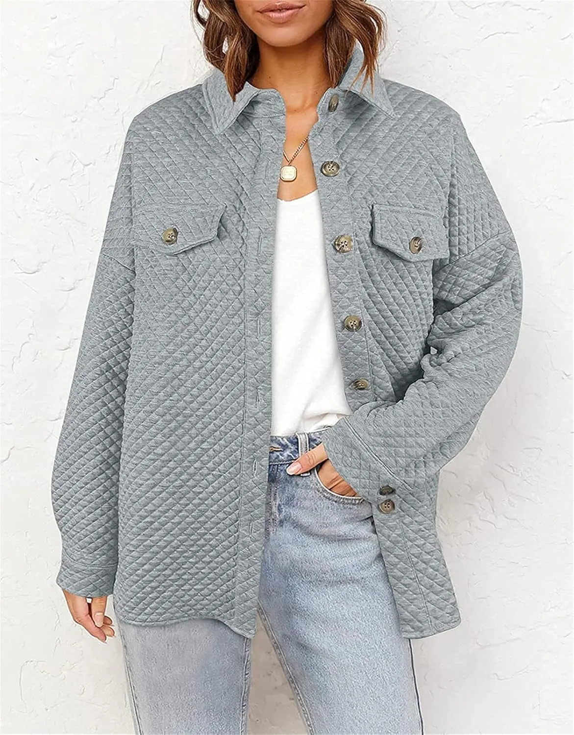 Smoneyful Womens Quilted Lightweight Jackets Casual Long Sleeve Shirts Button Down Loose Fit Coat Lapel Fall Jackets Outwear