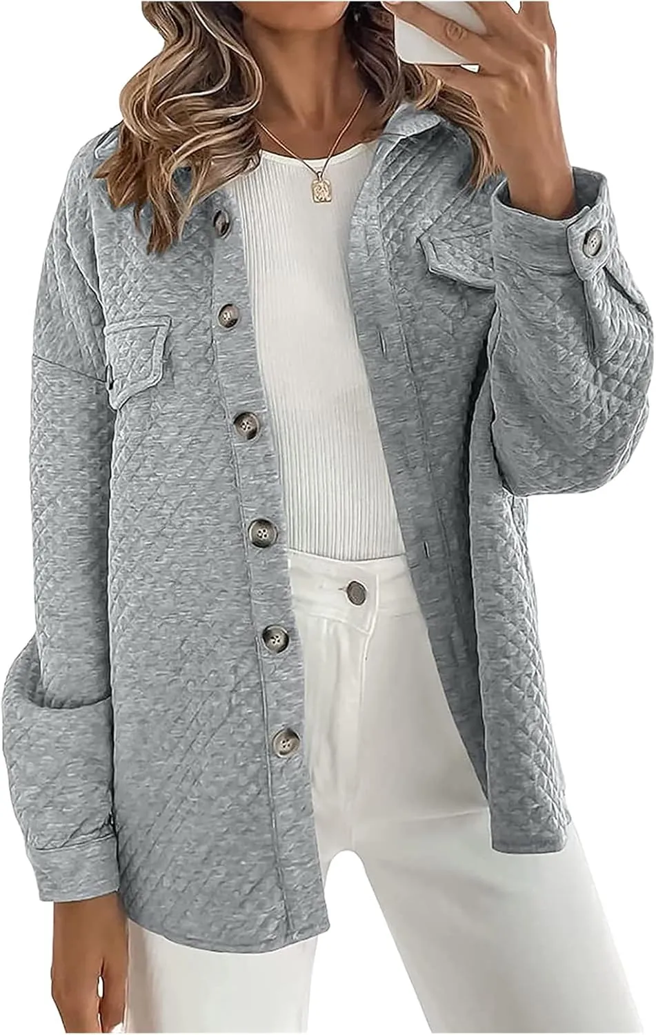 Smoneyful Womens Quilted Lightweight Jackets Casual Long Sleeve Shirts Button Down Loose Fit Coat Lapel Fall Jackets Outwear