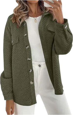 Smoneyful Womens Quilted Lightweight Jackets Casual Long Sleeve Shirts Button Down Loose Fit Coat Lapel Fall Jackets Outwear