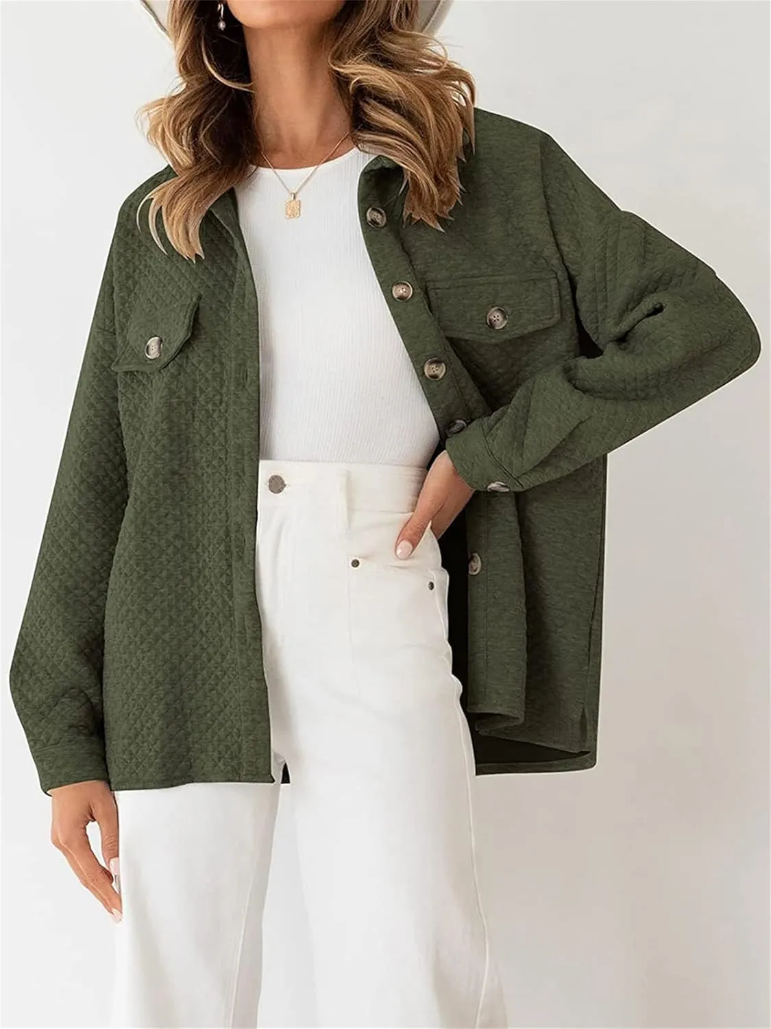 Smoneyful Womens Quilted Lightweight Jackets Casual Long Sleeve Shirts Button Down Loose Fit Coat Lapel Fall Jackets Outwear