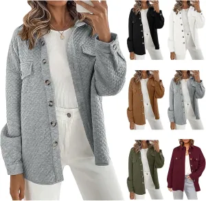 Smoneyful Womens Quilted Lightweight Jackets Casual Long Sleeve Shirts Button Down Loose Fit Coat Lapel Fall Jackets Outwear