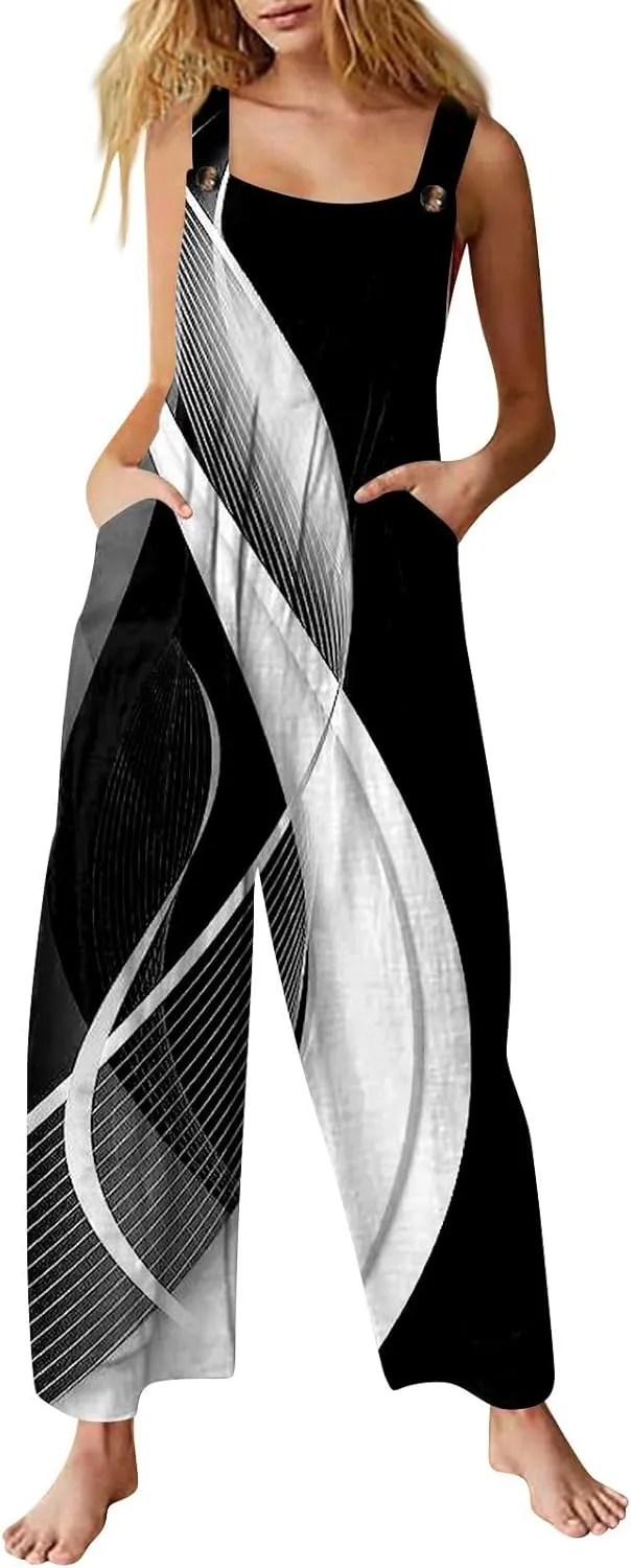 Summer Jumpsuit for Women,Boho Spaghetti Strap Overalls Retro Ethnic Style Rompers Loose Jumpsuits with Pockets