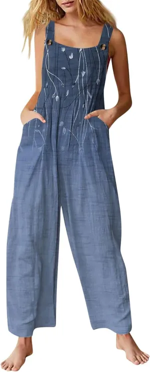 Summer Jumpsuit for Women,Boho Spaghetti Strap Overalls Retro Ethnic Style Rompers Loose Jumpsuits with Pockets