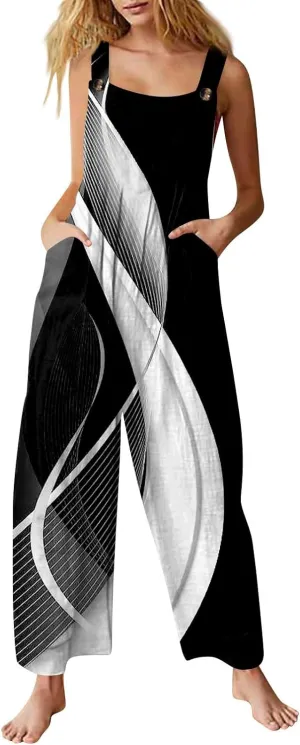 Summer Jumpsuit for Women,Boho Spaghetti Strap Overalls Retro Ethnic Style Rompers Loose Jumpsuits with Pockets