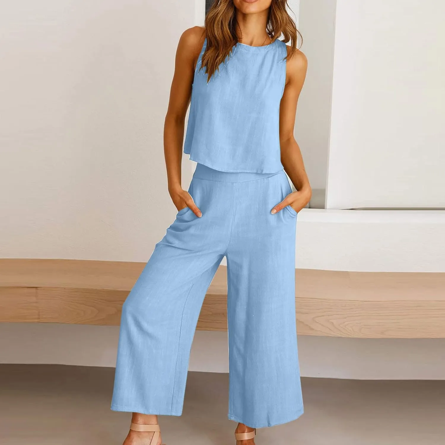 Two Piece Linen Sets for Women 2 Piece Outfits Sets Summer Matching Sets Sleeveless Crop Tops Wide Leg Linen Pant Set