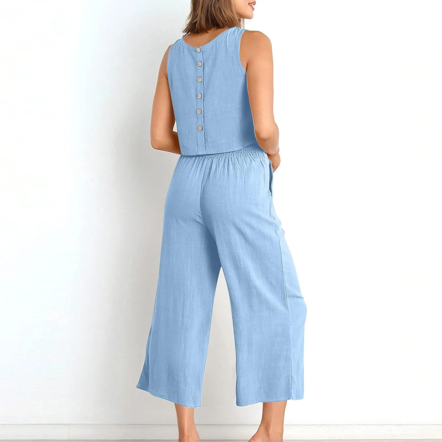 Two Piece Linen Sets for Women 2 Piece Outfits Sets Summer Matching Sets Sleeveless Crop Tops Wide Leg Linen Pant Set