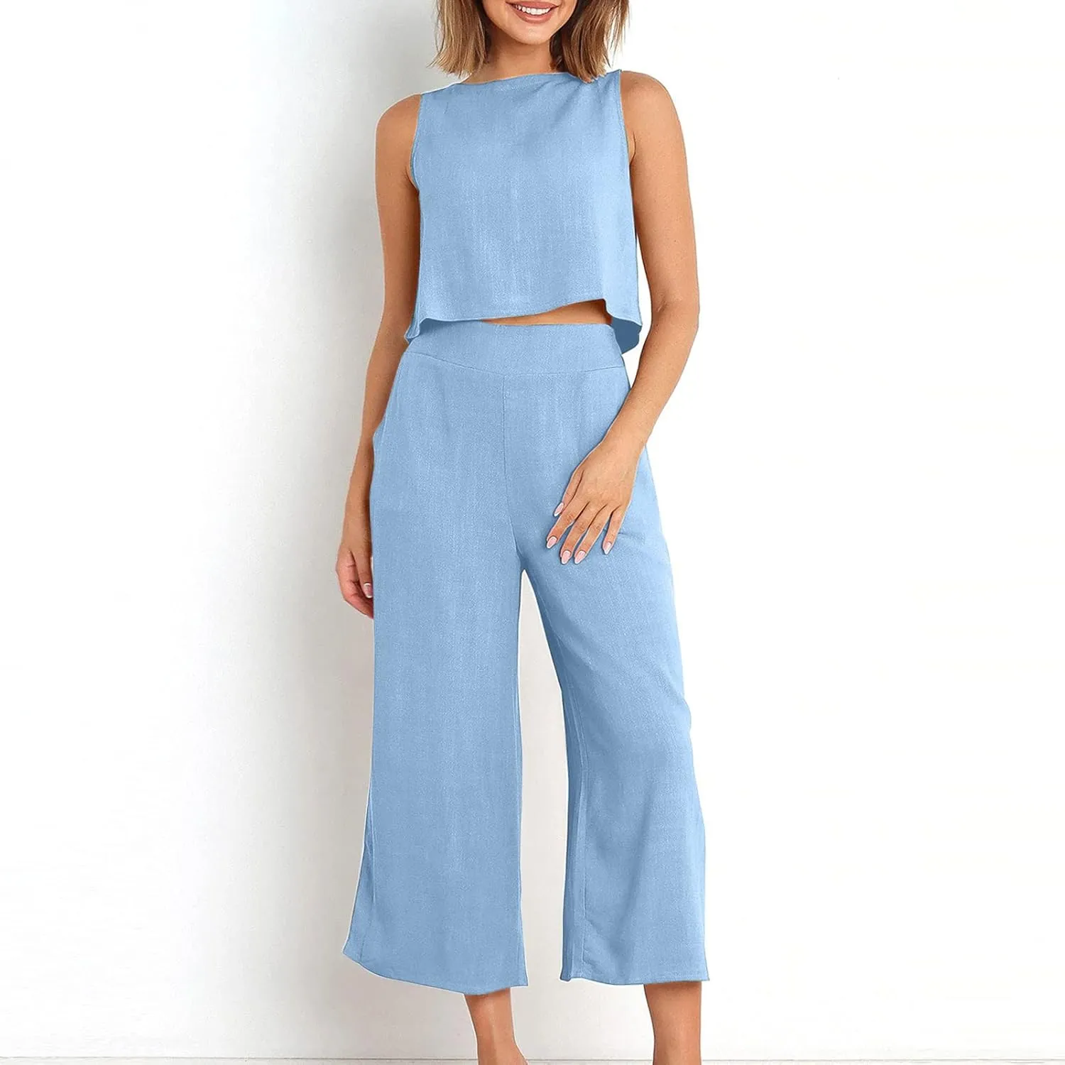 Two Piece Linen Sets for Women 2 Piece Outfits Sets Summer Matching Sets Sleeveless Crop Tops Wide Leg Linen Pant Set