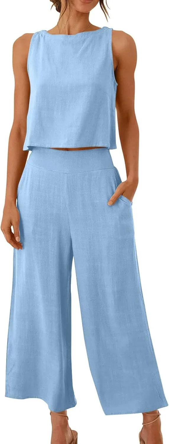 Two Piece Linen Sets for Women 2 Piece Outfits Sets Summer Matching Sets Sleeveless Crop Tops Wide Leg Linen Pant Set