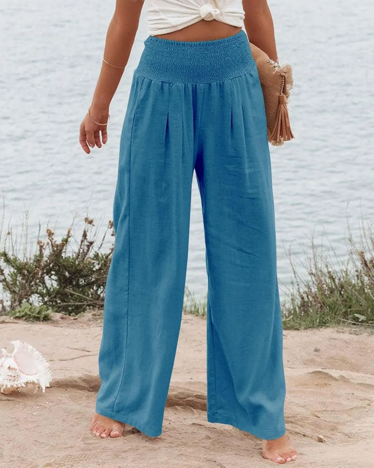 Women Linen Palazzo Pants Summer High Waisted Pants Wide Leg Long Lounge Pant Vacation Casual Trousers with Pocket