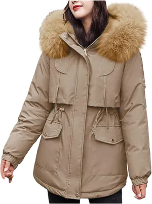 Women's Heavy Parka Jackets Warm Puffer Coats with Fur Hood Winter Outwear Thick Down Jacket Casual Quilted Jacket