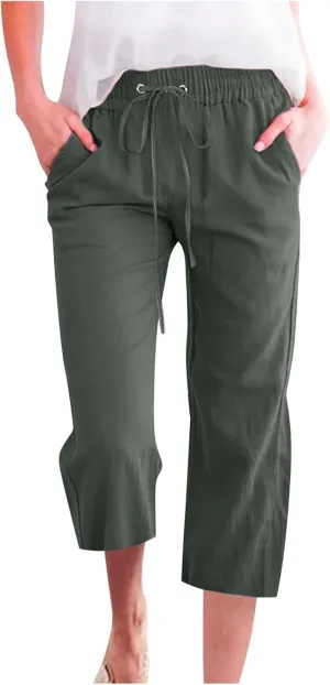 Women's Linen Capris Fashion Tapered Crop Pants Drawstring Elastic Waist Yoga Pants 2024 Casual Summer Pants