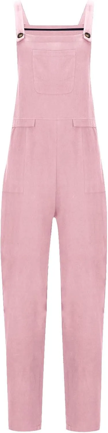 Womens Linen Overalls Casual Summer 2024 Square Neck Long Pants Rompers Loose Fit Cute One Piece Jumpsuit with Pocket