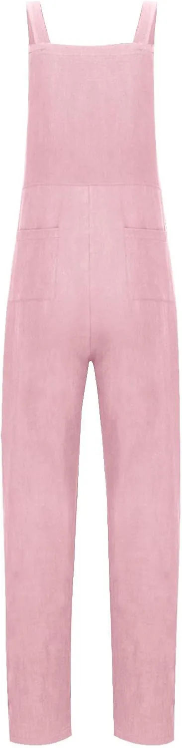 Womens Linen Overalls Casual Summer 2024 Square Neck Long Pants Rompers Loose Fit Cute One Piece Jumpsuit with Pocket