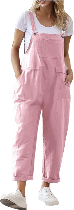 Womens Linen Overalls Casual Summer 2024 Square Neck Long Pants Rompers Loose Fit Cute One Piece Jumpsuit with Pocket