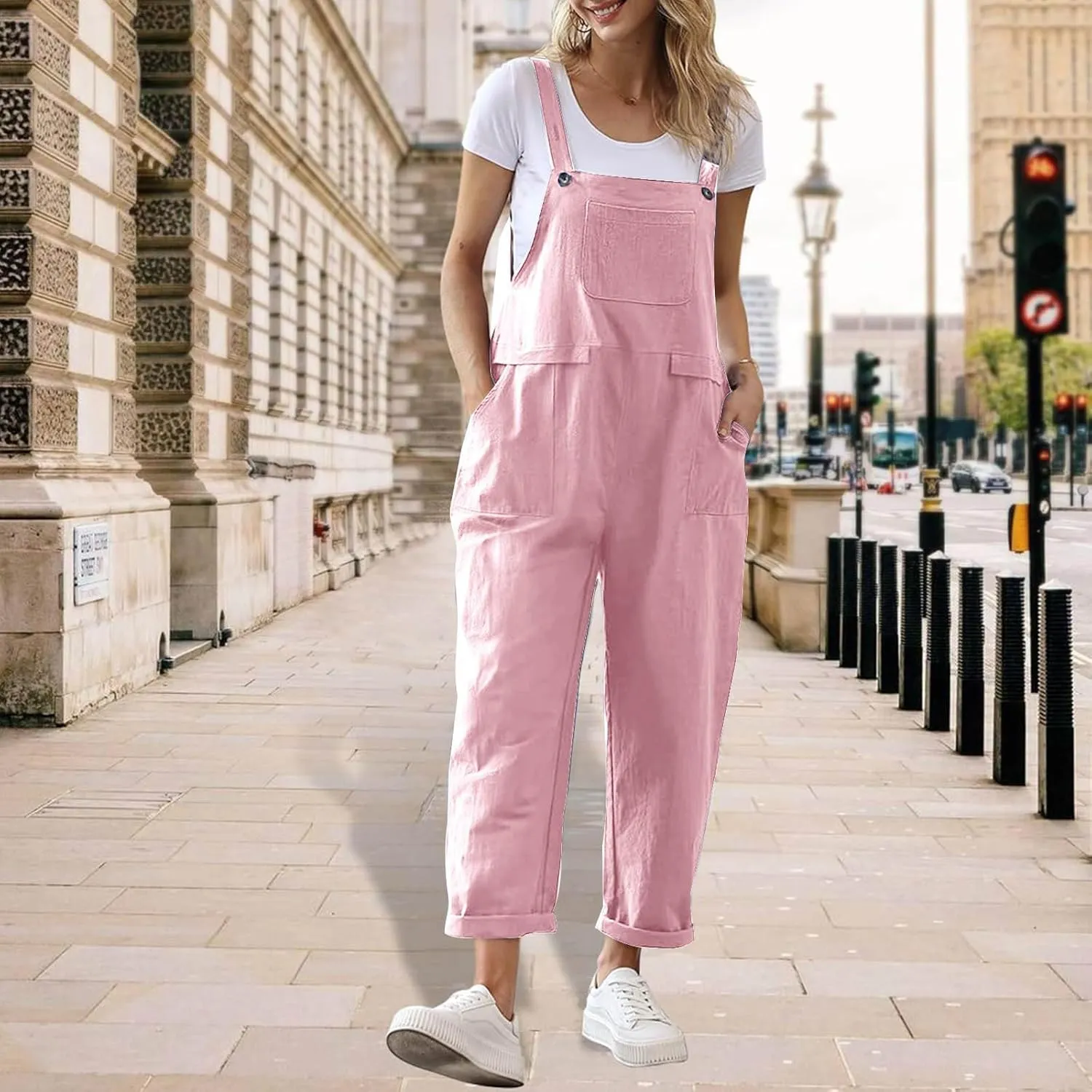 Womens Linen Overalls Casual Summer 2024 Square Neck Long Pants Rompers Loose Fit Cute One Piece Jumpsuit with Pocket