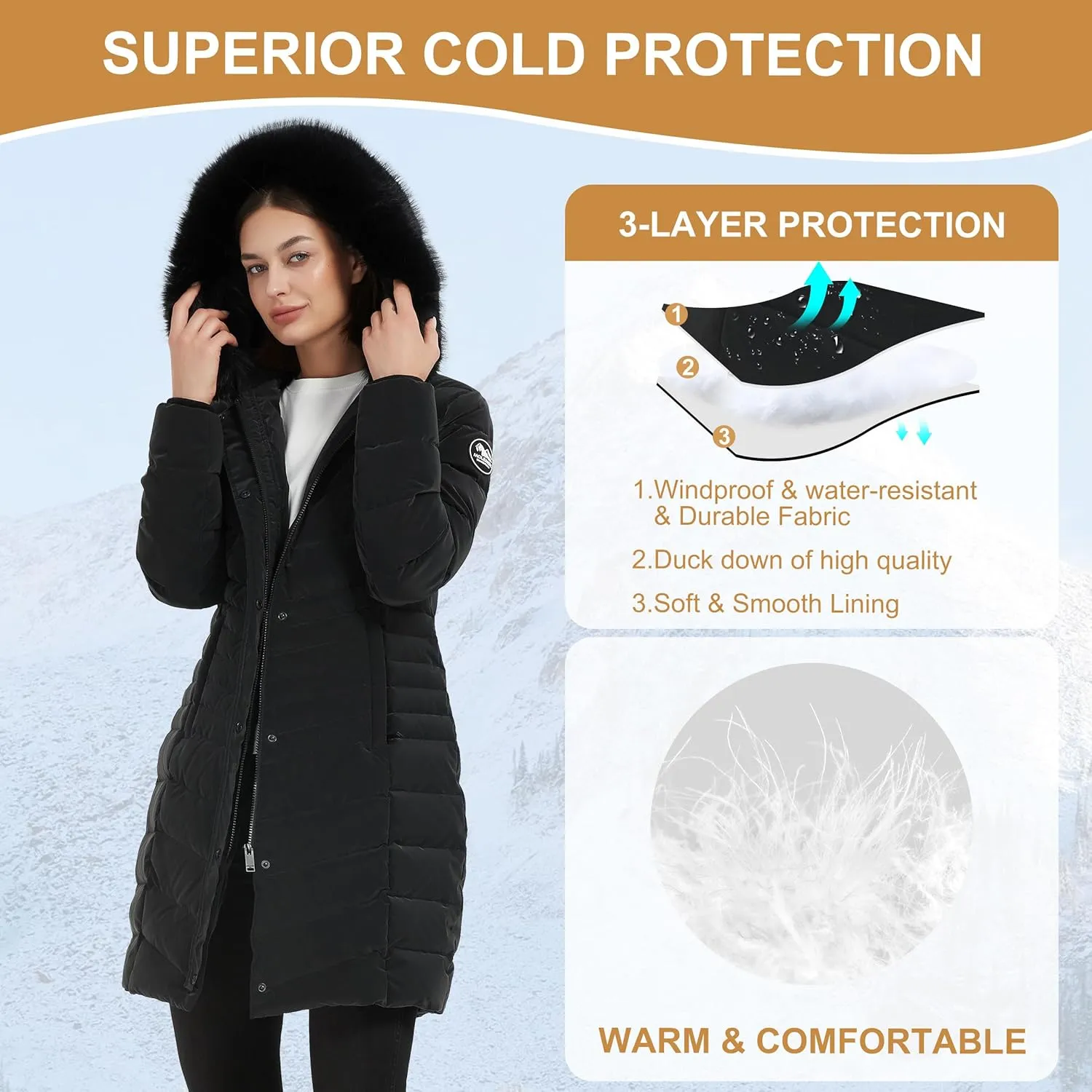 Women's Padded Jacket, Thicken Parka Faux Fur Vegan Down Long Parka Winter Jacket Warm Hooded Outwear XS-XXL