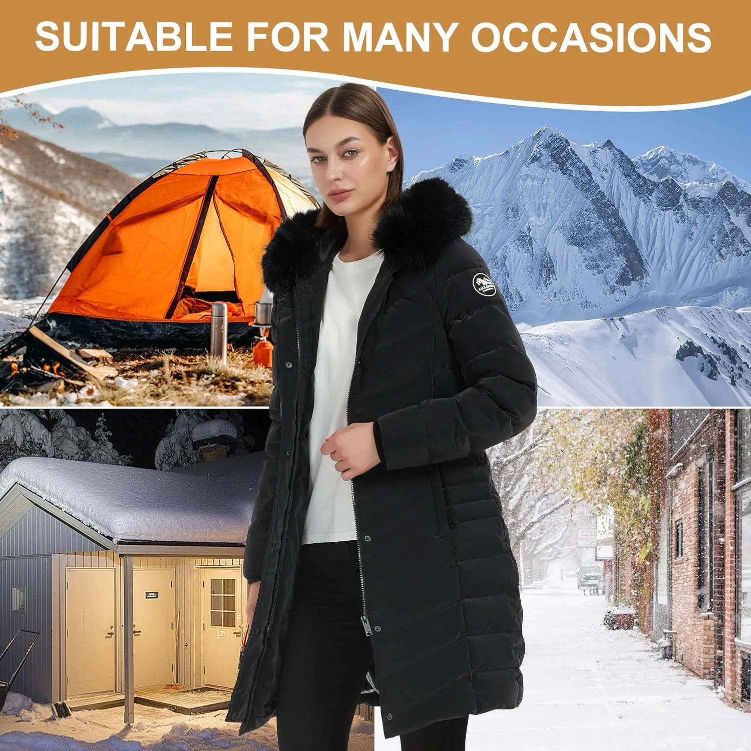 Women's Padded Jacket, Thicken Parka Faux Fur Vegan Down Long Parka Winter Jacket Warm Hooded Outwear XS-XXL