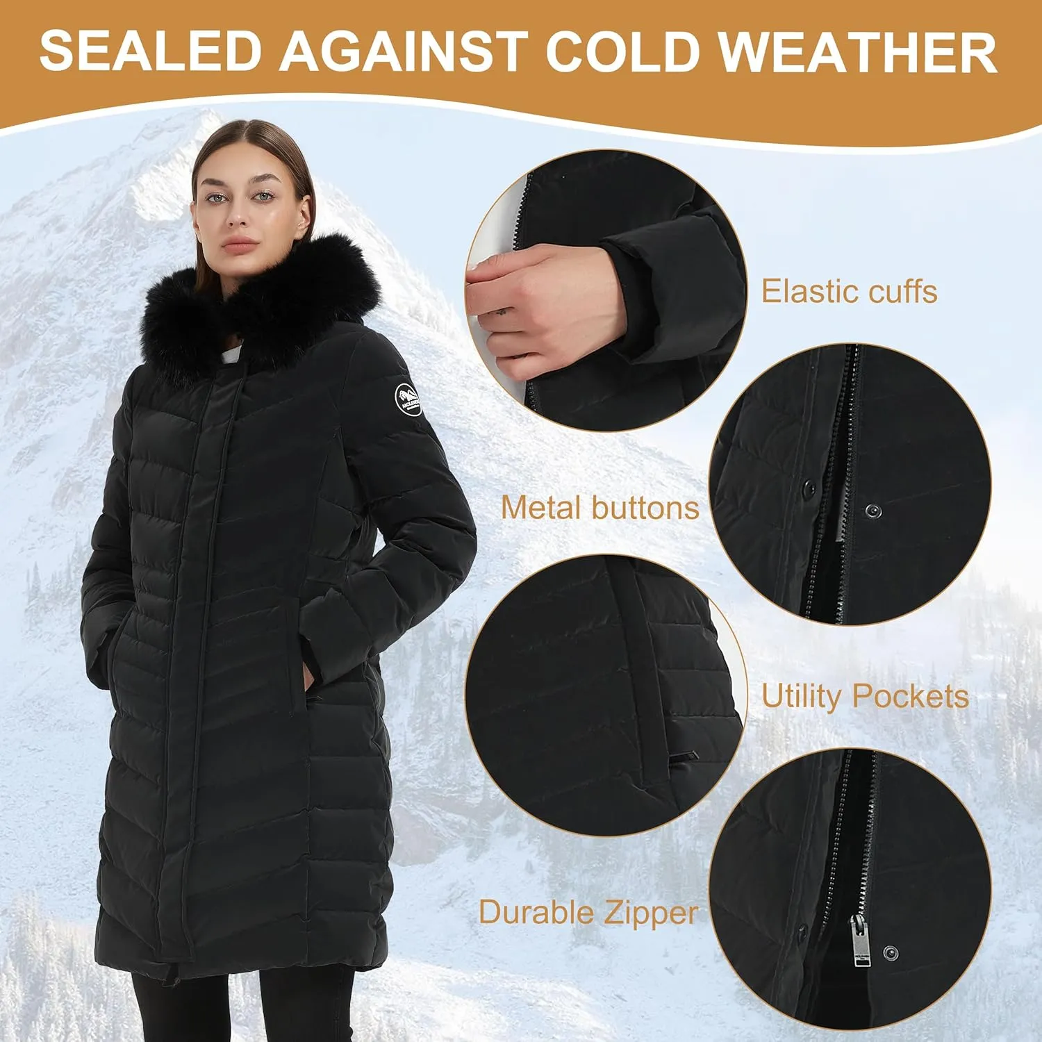 Women's Padded Jacket, Thicken Parka Faux Fur Vegan Down Long Parka Winter Jacket Warm Hooded Outwear XS-XXL