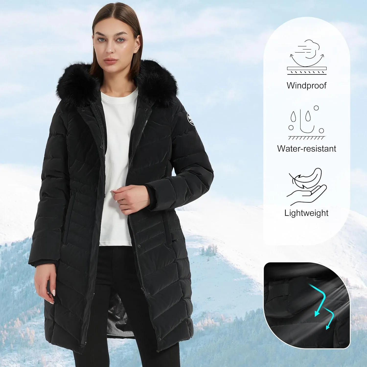 Women's Padded Jacket, Thicken Parka Faux Fur Vegan Down Long Parka Winter Jacket Warm Hooded Outwear XS-XXL