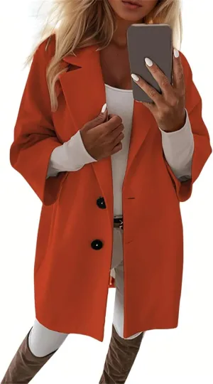 Womens Pea Coats Lapel Neck Button 3/4 Sleeve Coats Winter Double Breasted Wool Coats with Pockets
