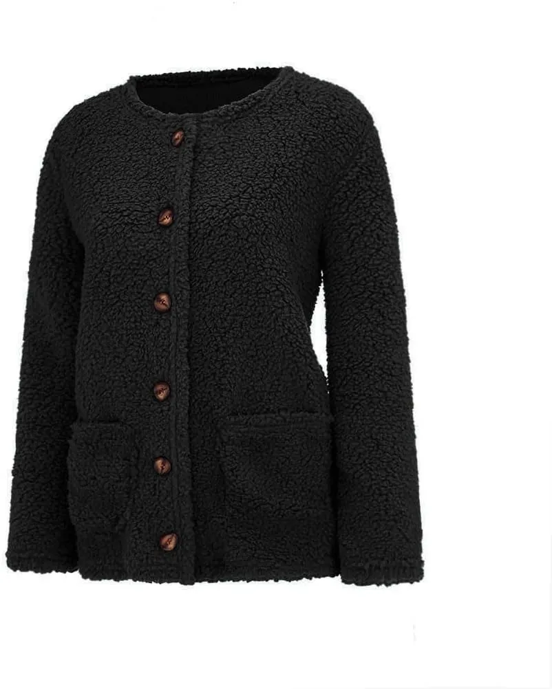 Womens Sherpa Jacket Plus Size Fuzzy Cardigan Open Front Fleece Jacket Long Sleeve Button Down Warm Coats