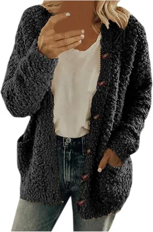 Womens Sherpa Jacket Plus Size Fuzzy Cardigan Open Front Fleece Jacket Long Sleeve Button Down Warm Coats