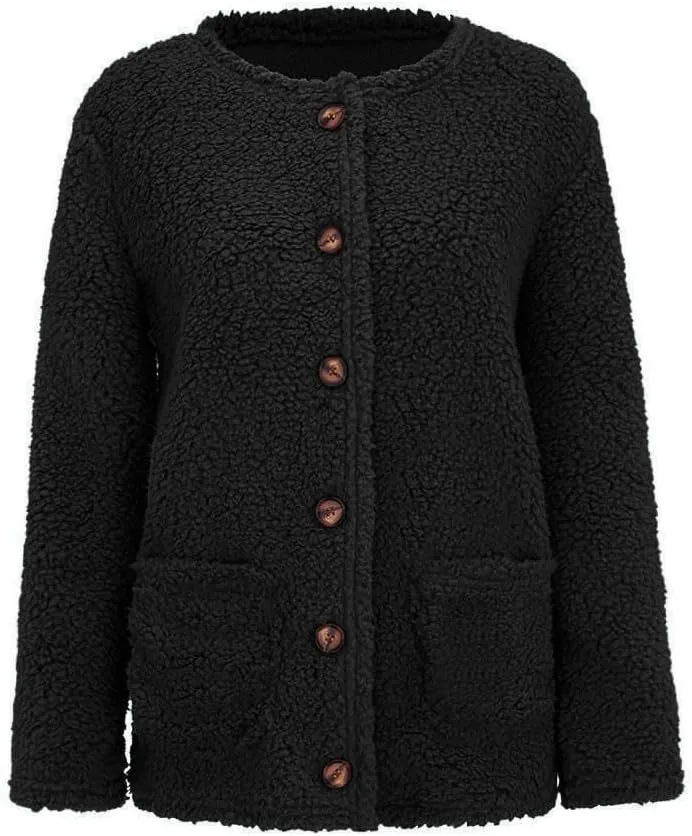 Womens Sherpa Jacket Plus Size Fuzzy Cardigan Open Front Fleece Jacket Long Sleeve Button Down Warm Coats