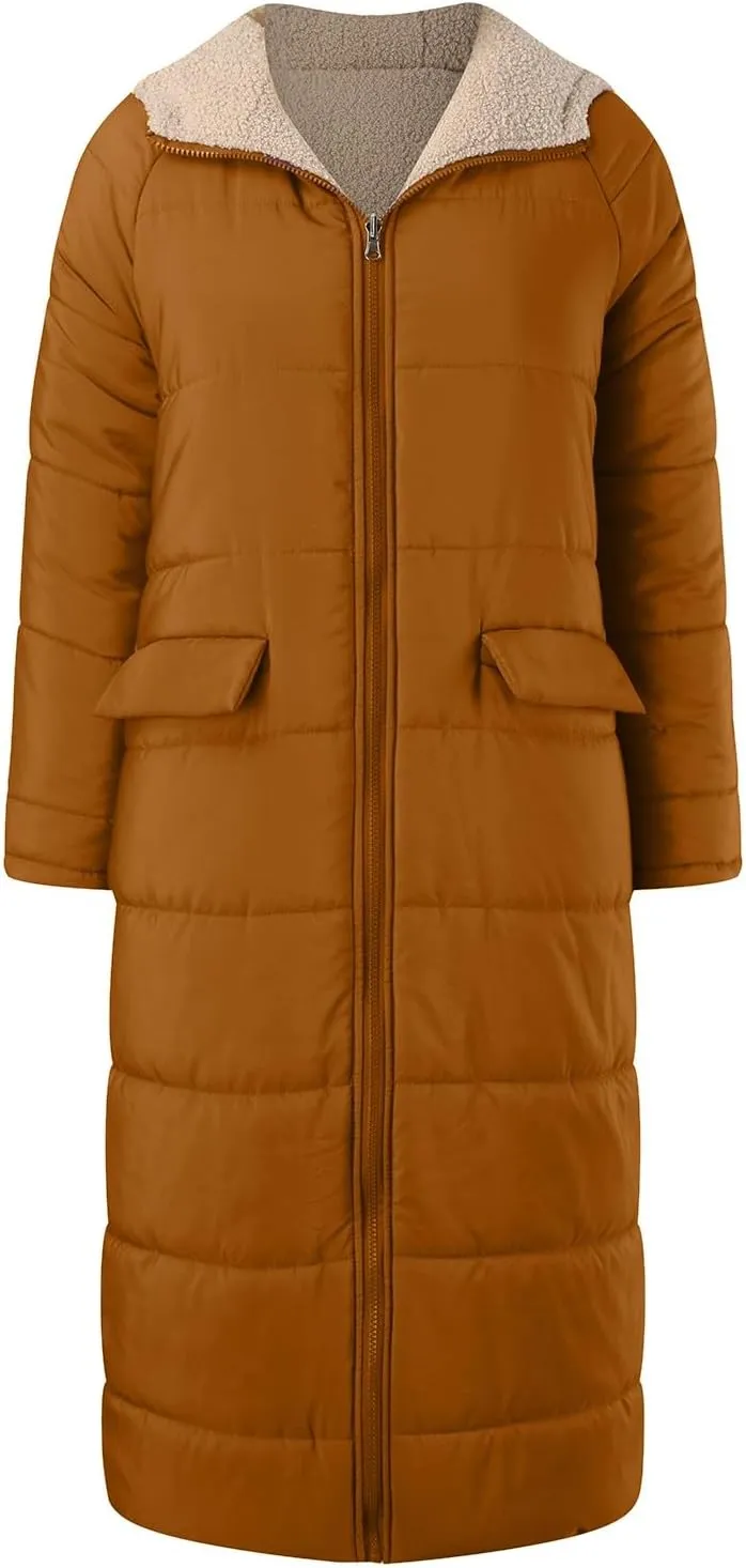 Womens Winter Long Puffer Jacket Casual Full Zip Fleece Lined Down Coat Reversible Teddy Overcoat 2024 Fashion Outfits