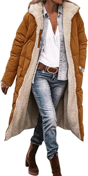 Womens Winter Long Puffer Jacket Casual Full Zip Fleece Lined Down Coat Reversible Teddy Overcoat 2024 Fashion Outfits