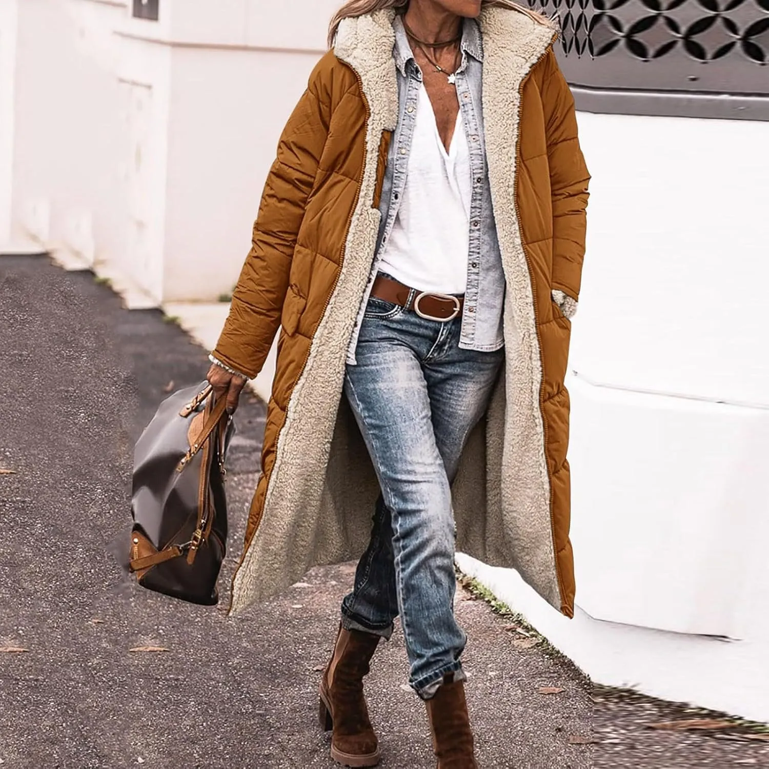 Womens Winter Long Puffer Jacket Casual Full Zip Fleece Lined Down Coat Reversible Teddy Overcoat 2024 Fashion Outfits