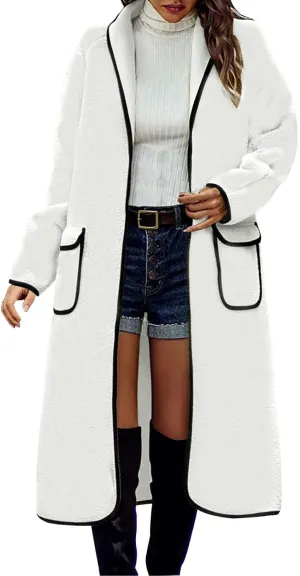 YRAETENM Long Winter Coats for Women Plus Size Warm Wool Blend Pea Coats Mid Long Lapel Open Front Trench Coats with Pockets