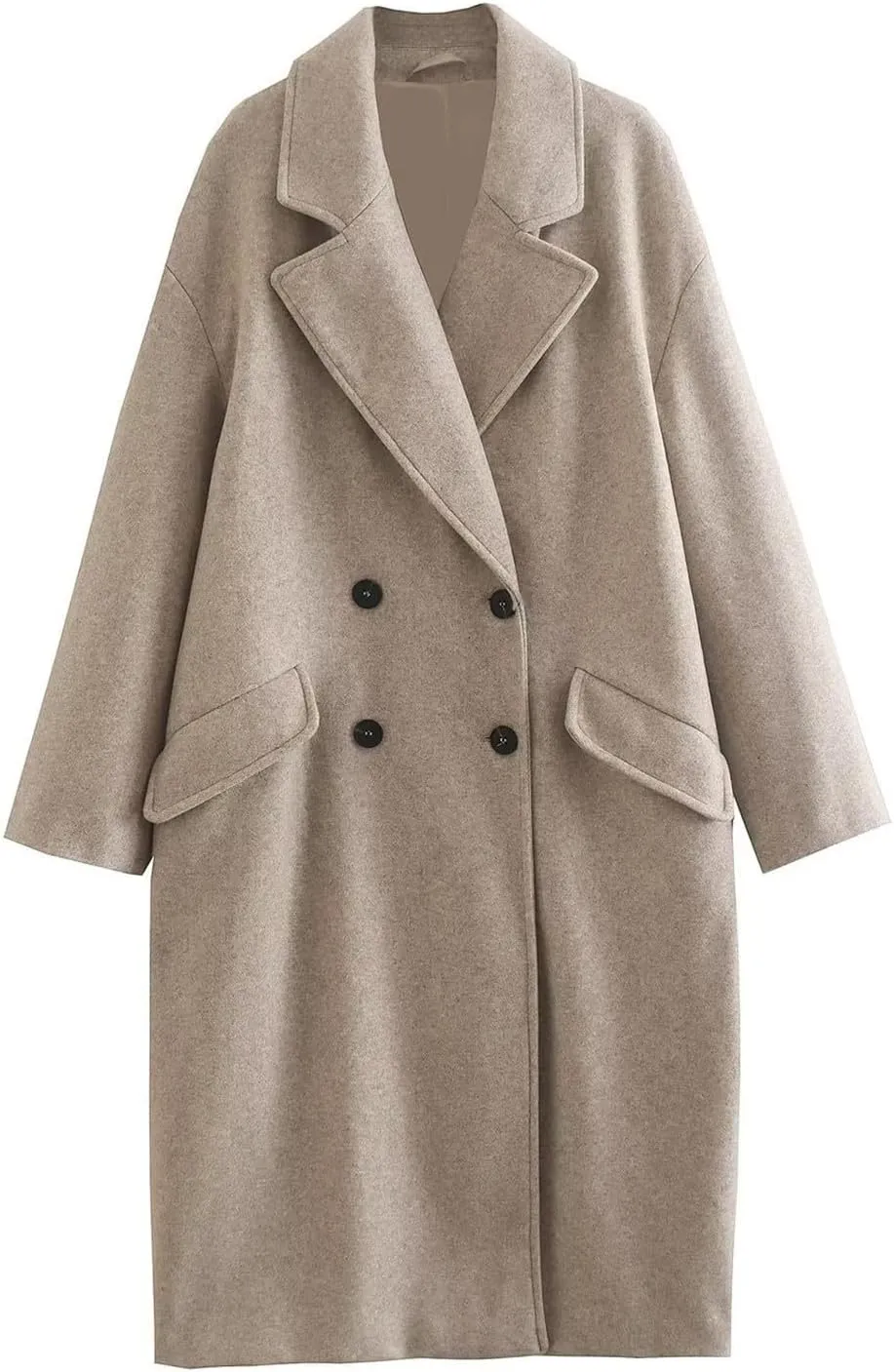 YRAETENM Wool Coats for Women Winter Warm Notch Lapel Double Breasted Trench Coats Oversized Mid-Length Overcoat Outwear
