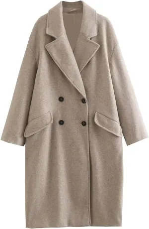YRAETENM Wool Coats for Women Winter Warm Notch Lapel Double Breasted Trench Coats Oversized Mid-Length Overcoat Outwear